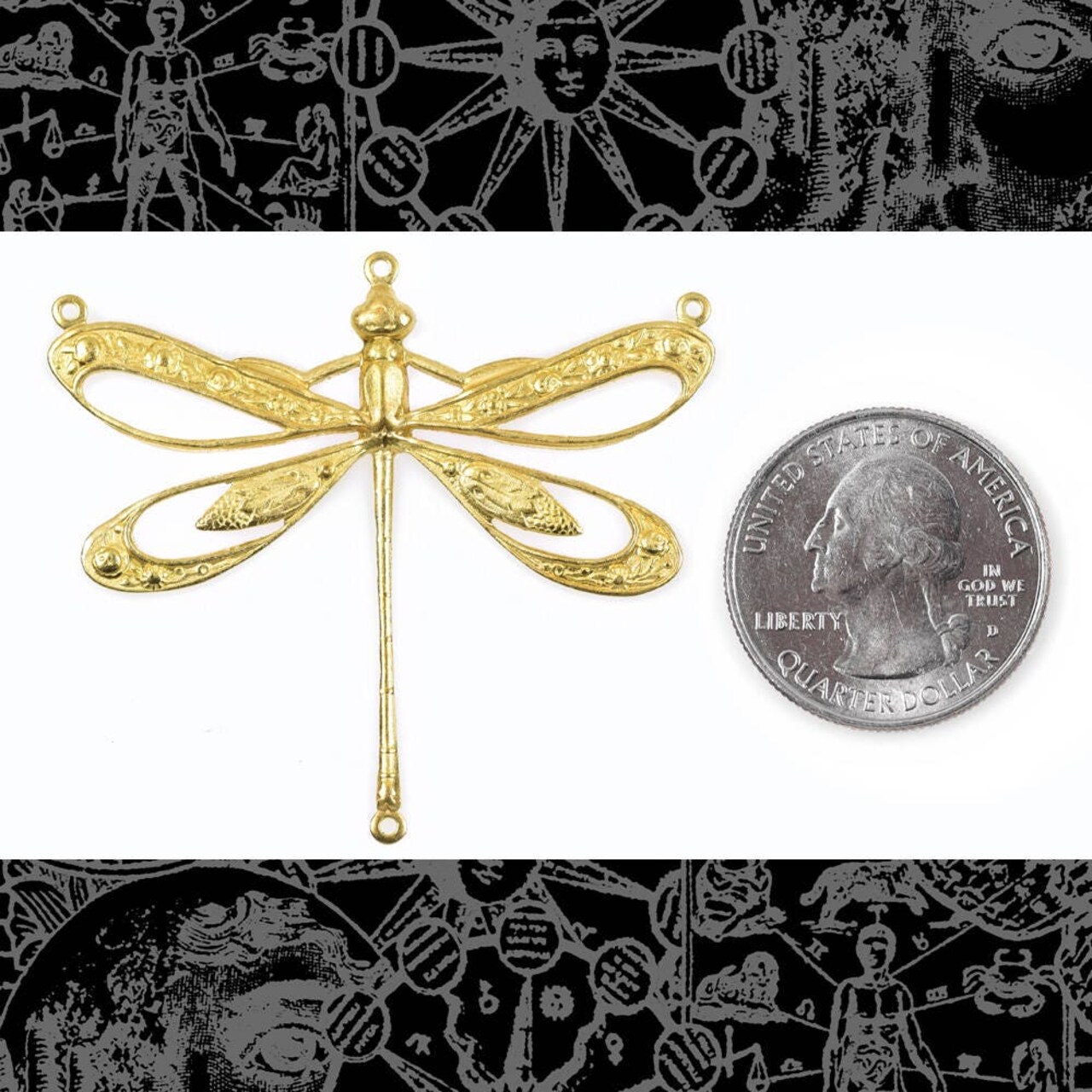 Raw Brass Vintage Dragonfly Pendant with Cut-Out Wings and Four Rings - One - B-P107